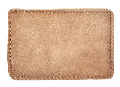 Blank brown leather patch with stitches and transparent background