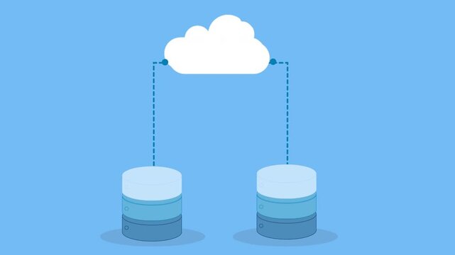 Flat minimal illustration of two database servers sending data up to a cloud with dotted lines, representing cloud upload, data backup, and network synchronization.
