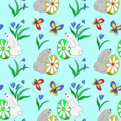 Obraz premium Easter pattern with cute bunnies, snowdrops, Easter eggs and butterflies on a blue background. Conveys a festive spring atmosphere, a symbol of Easter. For fabrics, packaging, holiday decor