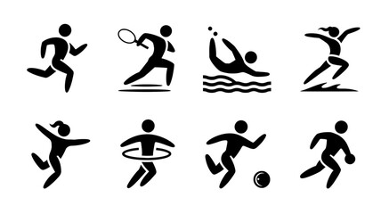 Sports Icon Collection: A dynamic collection of simple, stylized icons representing various athletic activities, suitable for infographics, websites, or educational materials. 