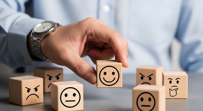 Man chooses a happy face block, sorting through sad and neutral expressions for customer feedback