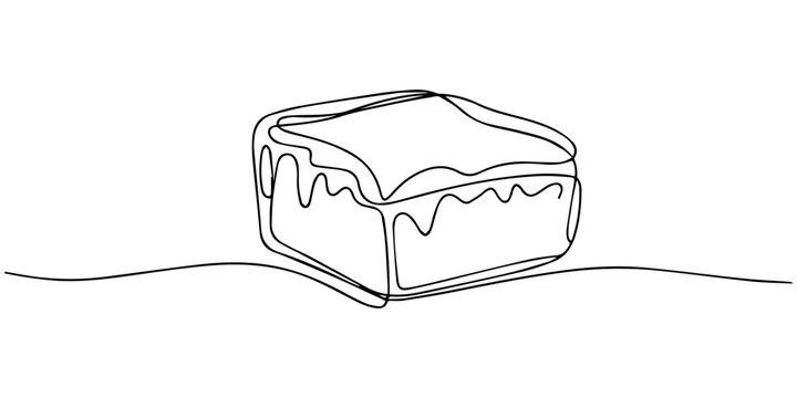 Brownie line art drawing, Minimalist dessert illustration featuring a tempting brownie continuous one line drawing, single line illustration of a brownie with chocolate drizzle pattern, smooth
