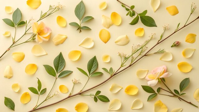 Romantic spring &ndash; delicate yellow petals and soft green leaves arranged gently, subtle depth, warm spring tones, poetic floral flat lay background
