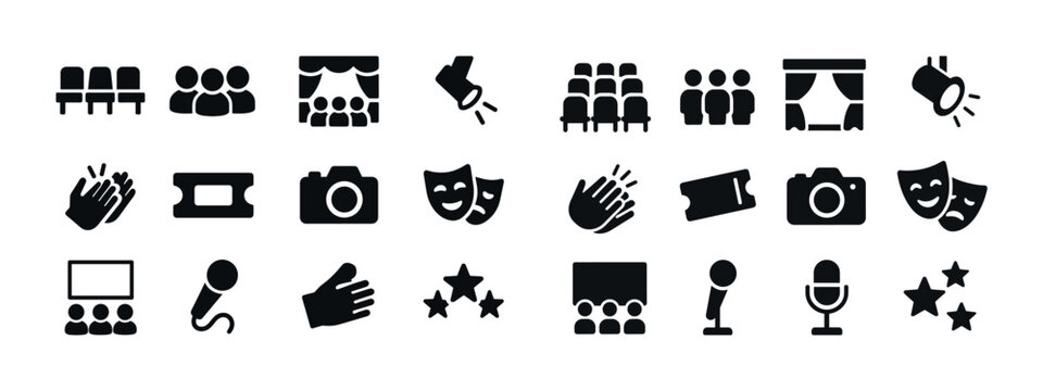 Theater and entertainment icon set with microphone, camera, and audience symbols