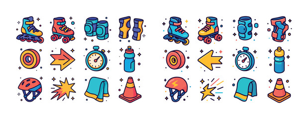 Obraz premium Colorful roller skating equipment and accessories icons set