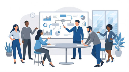 Business presentation meeting with diverse team and whiteboard charts
