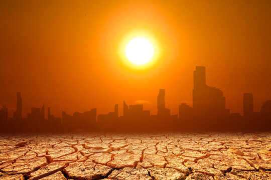 A city skyline under a scorching sun, reflecting the impact of climate change on the environment. The ground is parched and cracked, representing drought and desertification.