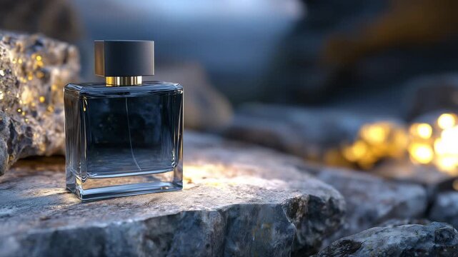 Perfume bottle mockup on flat stone slab, soft rim lighting highlighting edges and liquid inside, dark moody background with subtle gradients, elegant and minimalist composition