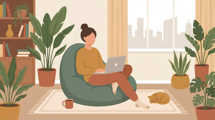 Woman working from home on laptop sitting on beanbag chair in cozy room with plants and cat