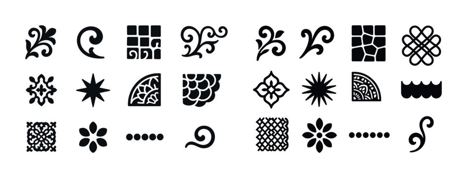 Variety of black decorative patterns and motifs in diverse shapes and styles
