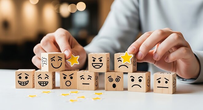 A chaotic pile of emoji emotion blocks with hands sorting and selecting, representing a complex customer feedback and sentiment analysis.