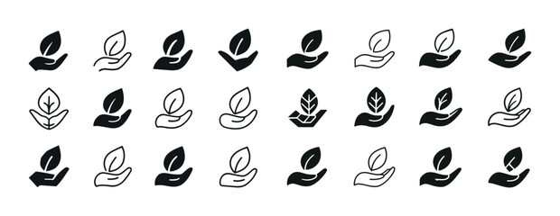Fototapeta premium Collection of leaf and hand icons in various designs for eco-friendly concepts