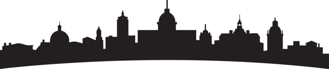 Black silhouette skyline of diverse architectural buildings with domes and spires against white background © zagrapic540