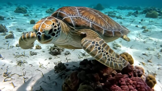 Sea turtle swimming in coral reef