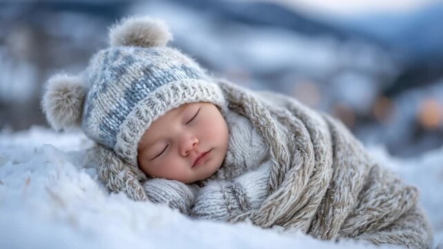 Sleeping baby wrapped in thick winter blanket, knitted hat with cute design, mittens tucked close, soft snow on the ground, serene winter landscape blurred in background