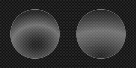 Realistic transparent glass circle rounded overlay with clear reflection and shiny glass effect isolated on transparent background