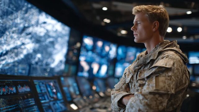 Soldier coordinating operations in advanced military command center, multiple screens and holographic displays showing maps, mission data, and analytics, dramatic cinematic lightin