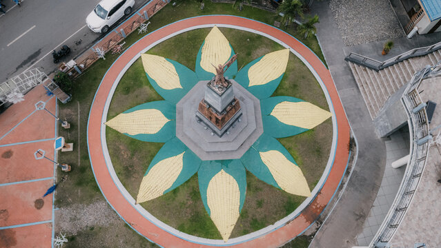 Zenith Aerial View of an Andres Bonifacio Monument with Central Statue in Circular Plaza in Ilagan city, Isabela, Philippines