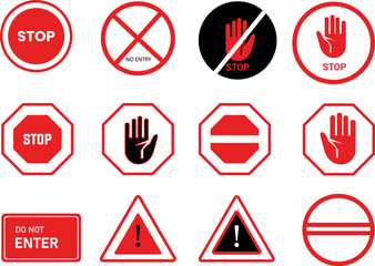 Stop and No Entry Road Signs Icon Set &ndash; Red Warning and Prohibition Symbols Collection