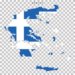 Map of Greece with national flag colors, isolated on transparent background. Detailed silhouette with islands for travel, geography and infographic use.