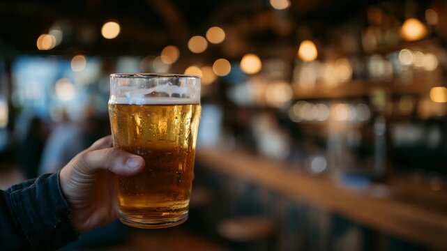 Warm pub scene with hand raising a pint of golden beer, foam head glowing under soft light, blurred background of wooden bar counter and shelves, celebratory and social atmosphere