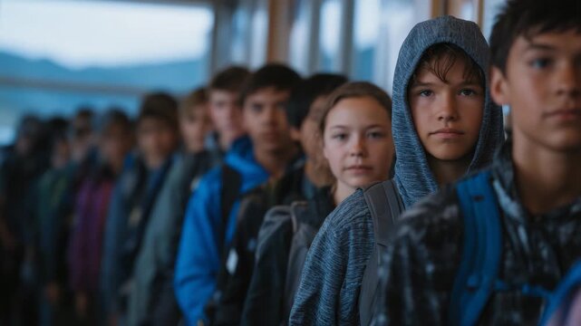 Wide shot of students lined up in school hallway, casual clothing and backpacks, diverse group including different ages and ethnicities, natural light from windows illuminating fac