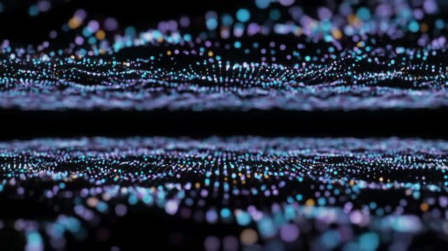 Mesmerizing slow-motion iridescent luminous particles and soft bokeh drift in an infinite digital abyss with shallow depth of field. Ultra-slow cinematic dolly video into void, concept of futuristic