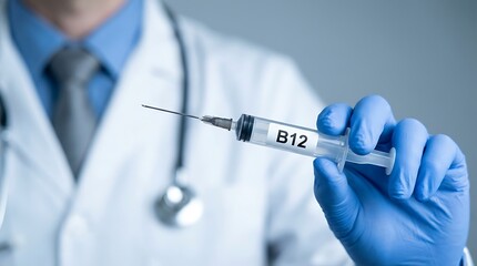 Medical professional wearing blue gloves holds a syringe labeled B12 with a fine needle ready for injection