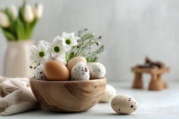 Obraz premium A bowl holds various colored Easter eggs alongside fresh flowers. Nearby, a vase of tulips adds to the springtime feel in a soft, light setting with items arranged simply