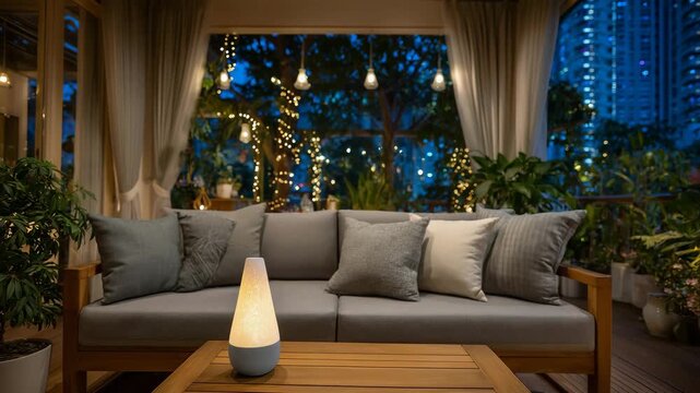 Wide-angle shot of a cozy modern living room featuring a lava lamp centerpiece on a wooden table, gray sofa with layered pillows, warm ambient lighting from hanging string lights,