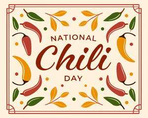 Obraz premium National Chili Day celebration with colorful chili peppers and leaves on beige background