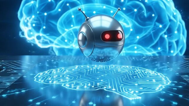 Artificial intelligence robot with glowing brain circuit and neural network background