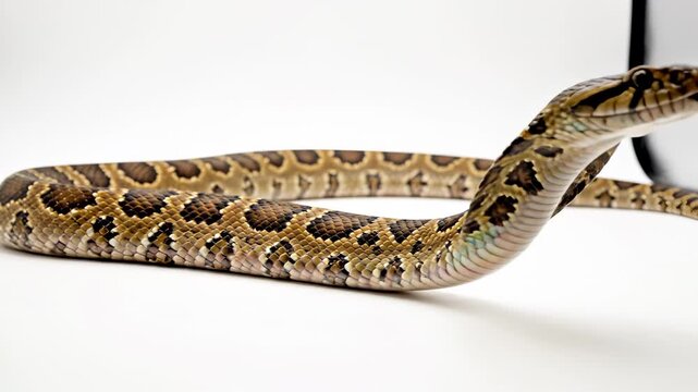 A large python snake rests on a plain white surface. The python's scales exhibit a striking pattern with shades of brown and beige, highlighting its elongated body.