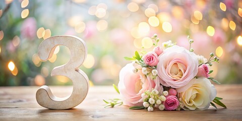 Elegant Number 3 With Pastel Flowers On Soft Bokeh Background, Spring And Anniversary Concept, Birthday And Celebration Design For Greeting Cards, Invitations, Branding, Marketing, And Social M
