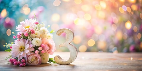 Elegant Number 3 With Pastel Flowers On Soft Bokeh Background, Spring And Anniversary Concept, Birthday And Celebration Design For Greeting Cards, Invitations, Branding, Marketing, And Social M