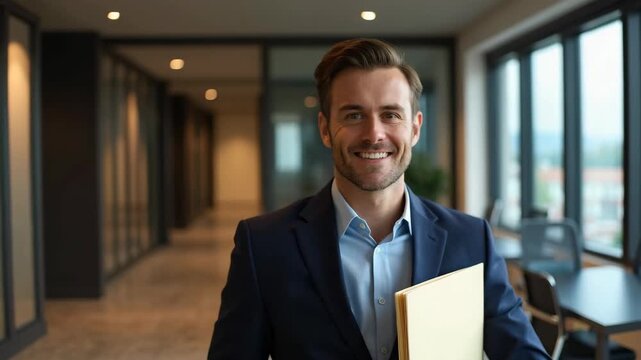 Portrait of smiling man with folder in office, space for text. Lawyer, businessman, accountant or manager.