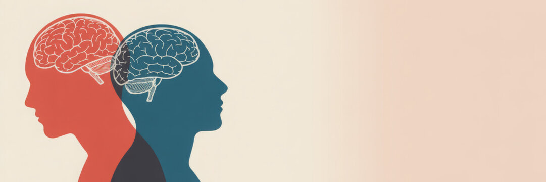 Metaphor bipolar disorder mind mental. Double face. Split personality. Concept mood disorder. Psychology. Dual personality concept. 2 Head silhouette.Mental health. Tangle and untangle