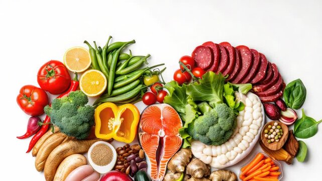 Video A colorful arrangement of fresh fruits and vegetables in the shape of a heart