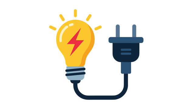 Yellow glowing light bulb with a red lightning bolt inside connected by a thick wire to a dark blue electrical power plug icon.
