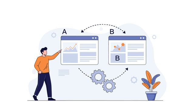 Businessman comparing two different webpage layouts with analytics charts, representing A/B testing and digital marketing optimization.