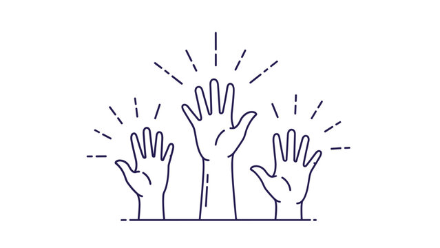 Three hands raised in the air with radiating lines, symbolizing participation, volunteering, voting, or a collective show of support.