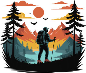 High-quality hiking vector illustration perfect for outdoor adventure, camping, travel branding, t-shirt design and digital projects.