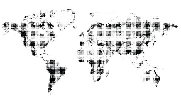 Black halftone world map on with some countries darker