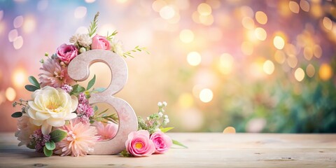 Elegant Number 3 With Pastel Flowers On Soft Bokeh Background, Spring And Anniversary Concept, Birthday And Celebration Design For Greeting Cards, Invitations, Branding, Marketing, And Social M