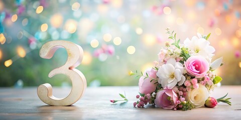 Elegant Number 3 With Pastel Flowers On Soft Bokeh Background, Spring And Anniversary Concept, Birthday And Celebration Design For Greeting Cards, Invitations, Branding, Marketing, And Social M