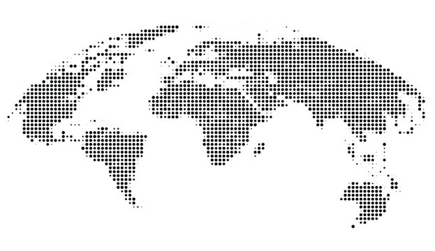 Black and white pixelated world map on with grid pattern