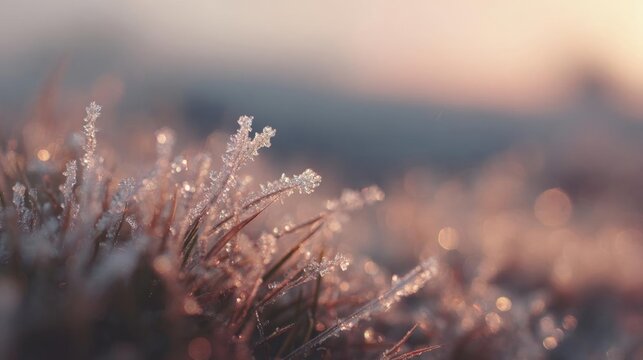 Close-up of a field of grass covered in frost. the frost is glistening in the sunlight, creating a beautiful contrast between the warm colors of the sky and the cool tones of the grass.