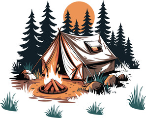 Professional hiking camping vector artwork for outdoor recreation, nature travel and adventure themed designs.