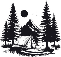 Professional hiking camping vector artwork for outdoor recreation, nature travel and adventure themed designs.