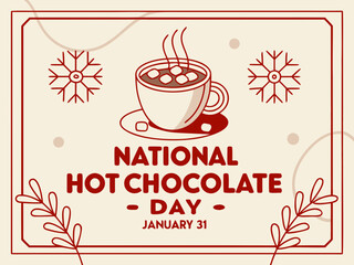 National Hot Chocolate Day illustration with steaming mug and marshmallows on January 31